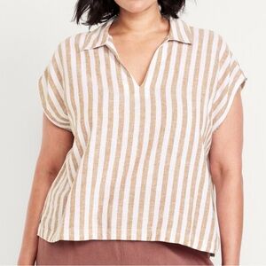 NWT Linen Blend Cropped Popover Striped Shirt